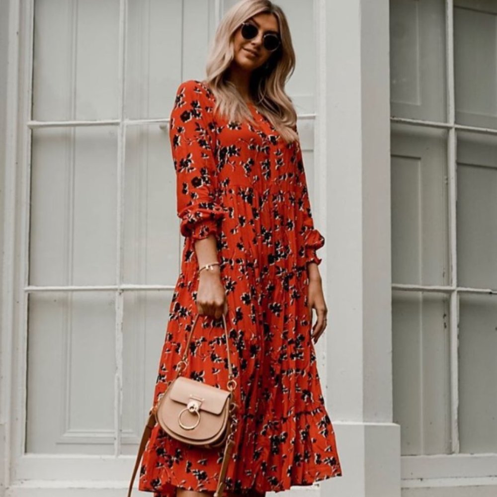 Zara Red Patterned Maxi Dress - L